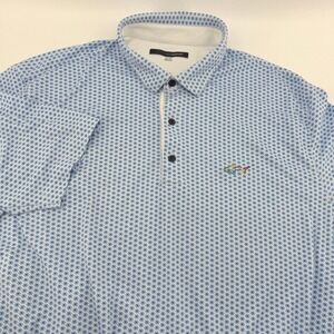 Greg Norman Mens XXL Blue White Geometric Pinwheel Print Golf Polo Shirt Shark